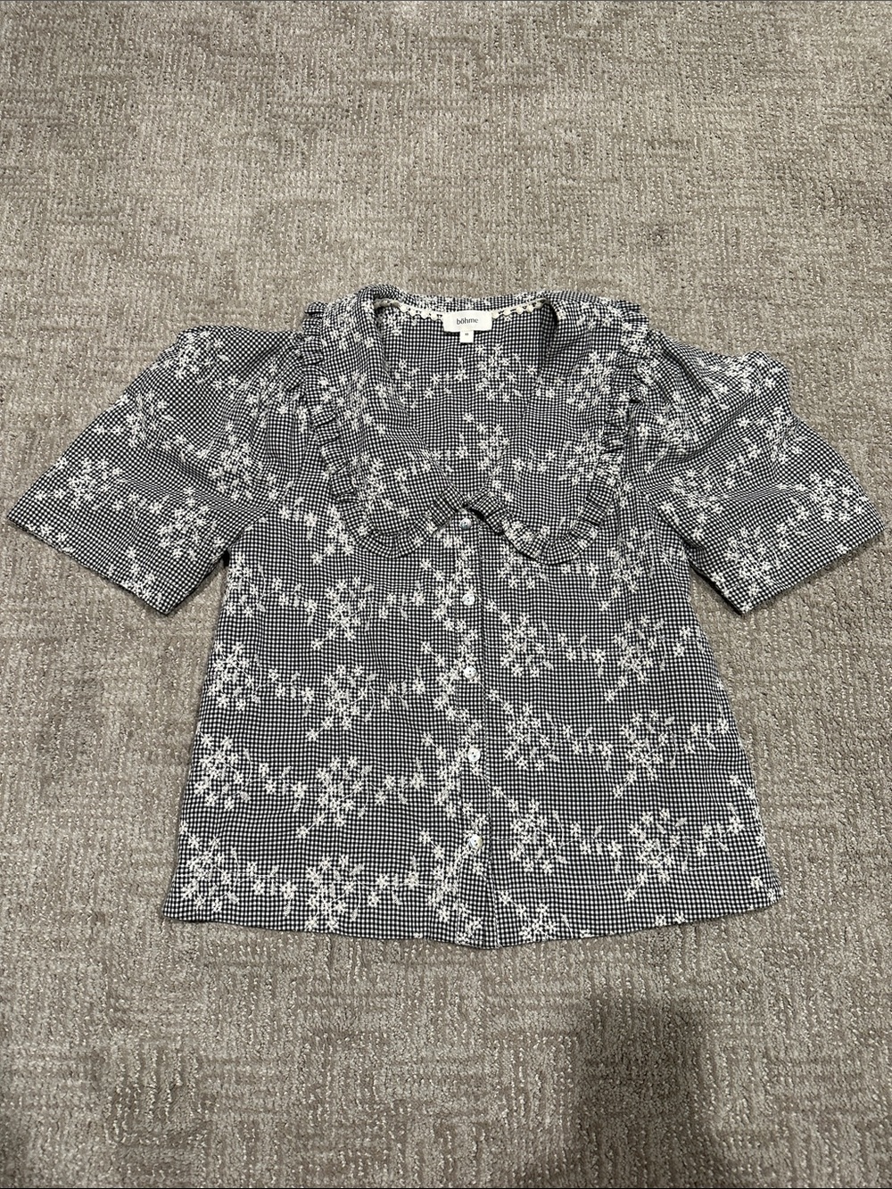 Woven Floral Gingham Short-Sleeve Blouse - Black/White